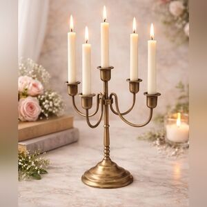 Brass Candelabra 5 Arm Vintage Retro Elegant Scuptured Wedding Gold Toned 10 In